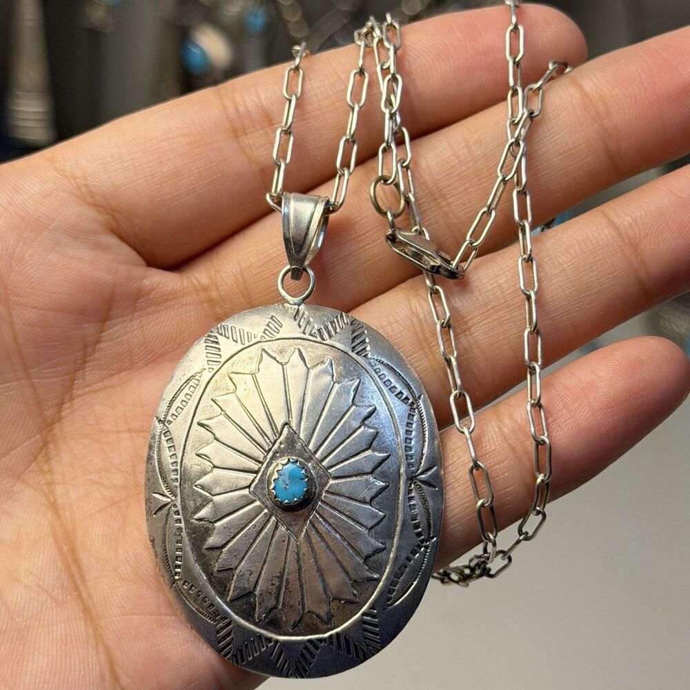 Southwestern Concho With Turquoise & Paperclip Sterling Silver Chain